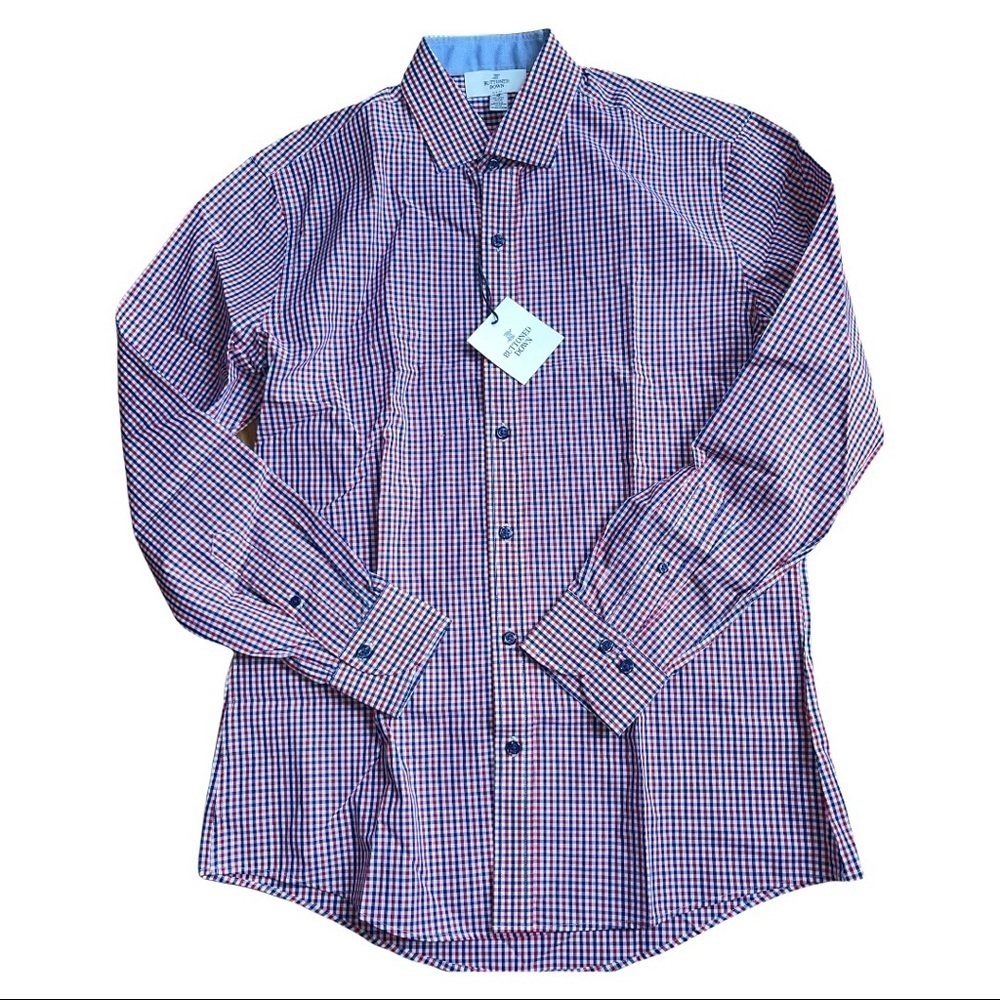 Men's 15.5 Buttoned Down Slim Fit Blue Red Tattersall Check Casual Dress…